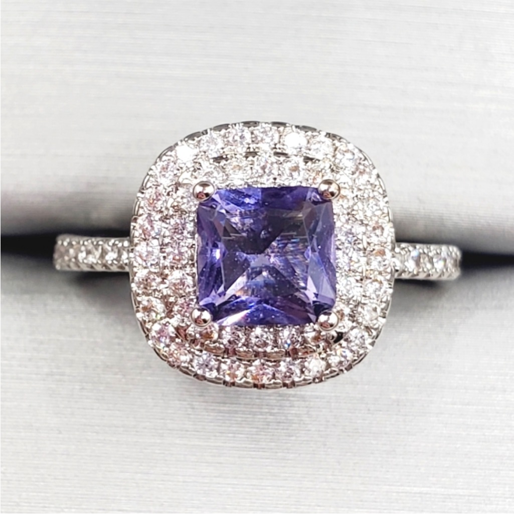 Princess Cut Amethyst Simulant & Diamond Simulant Double Halo Silver Tone Ring